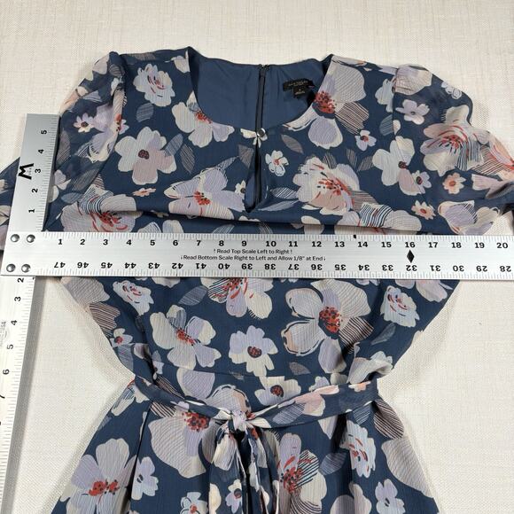 Ann Taylor Dress Womens 8P Blue Floral Long Sleeve Business belted lined midi - Picture 10 of 11